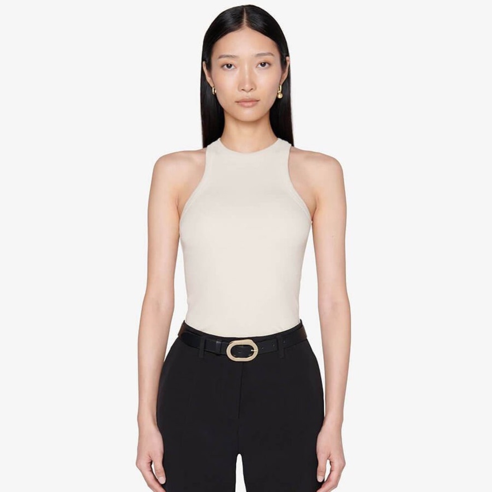 Anine Bing Eva Ribbed Racerback Tank Top Stone Beige Size Large Sleeveless Basic